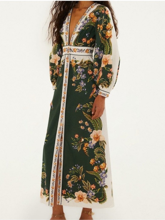 FARM Rio Dresses & Skirts - FARM RIO Nature Green Long Sleeve Floral Maxi Dress Size L